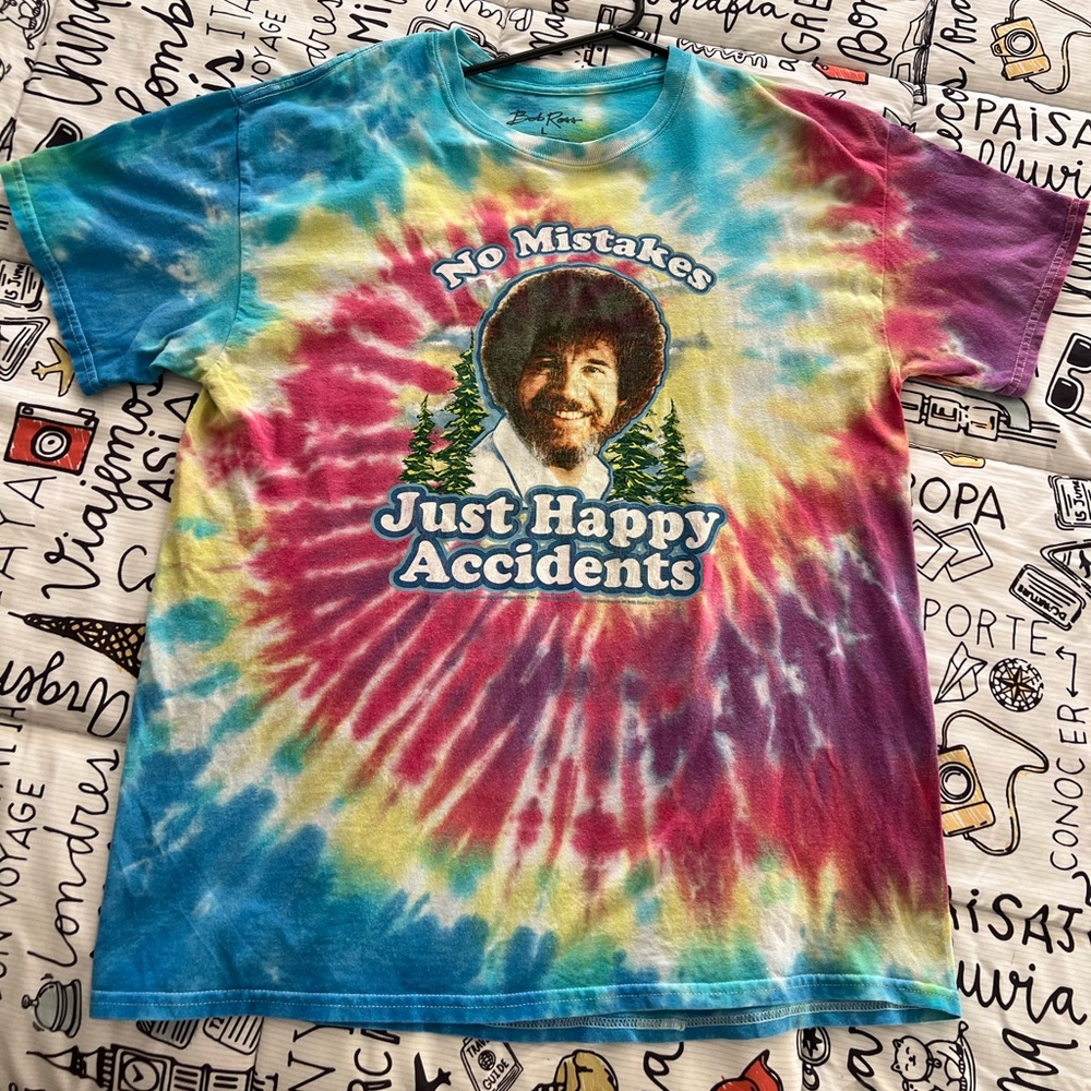 licensed BOB ROSS t-shirt - NO MISTAKES HAPPY ACCIDENTS - groovy TIE DYE - (L)